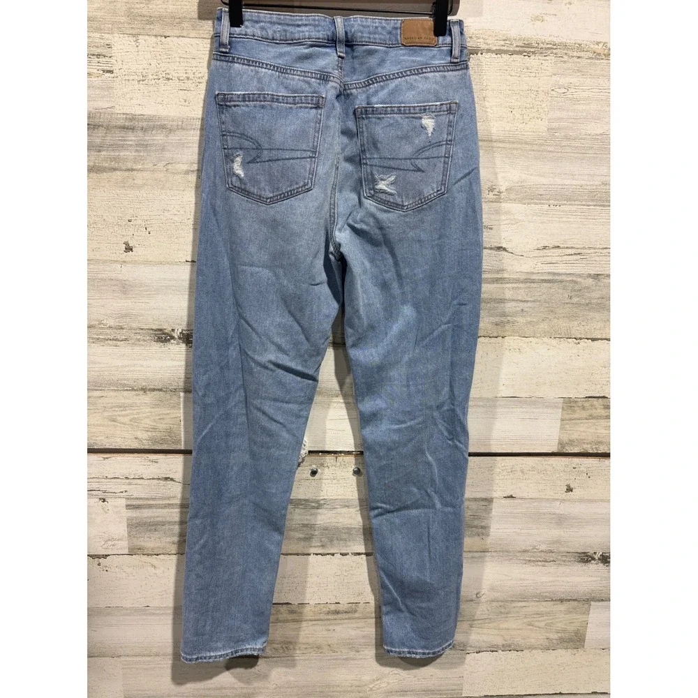 American Eagle Mom Jeans Women‎ Size 4 Long Blue Distressed High Rise Denim